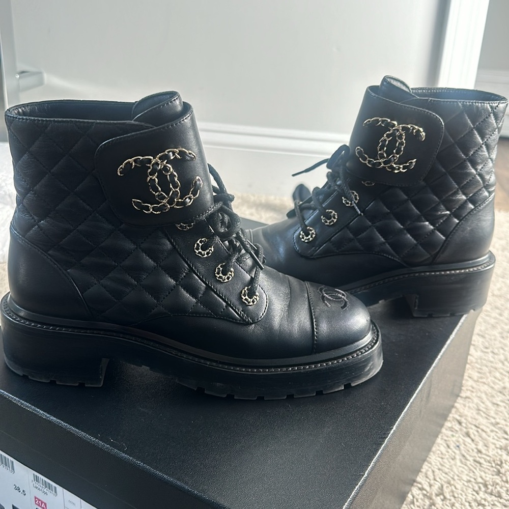 These are authentic Chanel Goatskin Calfskin Quilted Lace Up Combat boots. - Picture 3 of 5